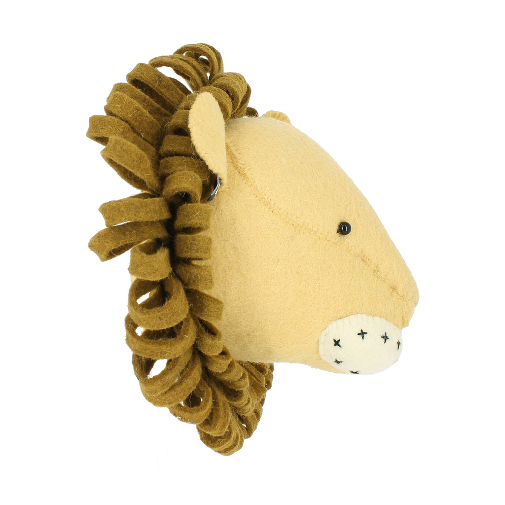 Side profile of the Fiona Walker medium lion head wall décor, featuring a golden-yellow wool face, layered dark brown mane, rounded ear and cream muzzle with embroidered black details.