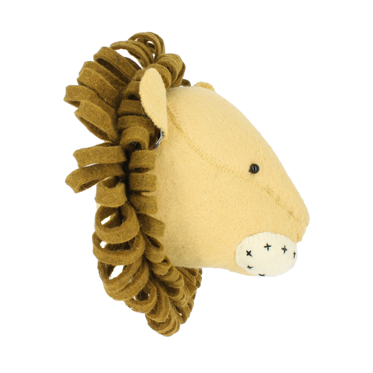 Side profile of the Fiona Walker medium lion head wall décor, featuring a golden-yellow wool face, layered dark brown mane, rounded ear and cream muzzle with embroidered black details.