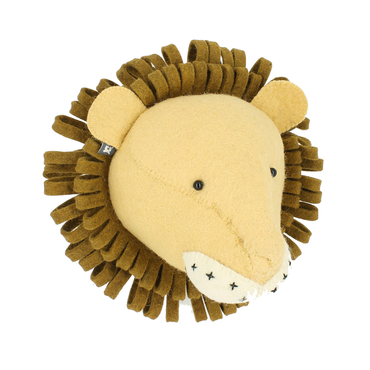 Three-quarter view of the Fiona Walker medium lion head wall décor, featuring a golden-yellow wool face, layered dark brown mane, rounded ears, black eyes and a cream muzzle with embroidered details.