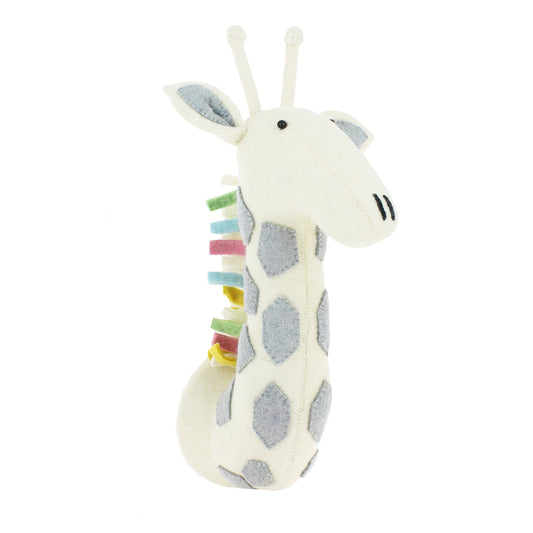 Fiona Walker medium pastel safari giraffe wall head handcrafted from cream felt, with pale blue spots, colourful felt accents along the neck and a friendly giraffe face.