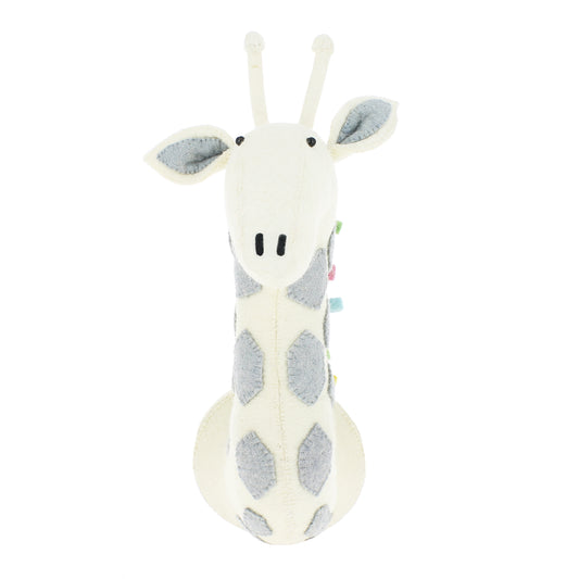 Front view of a handcrafted cream felt giraffe wall head by Fiona Walker, featuring pale blue spots, blue inner ears and colourful felt accents along the neck.