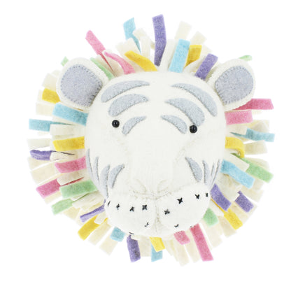Fiona Walker medium pastel safari tiger head wall décor featuring a white felt face, grey stripes and a colourful mane in pastel pink, yellow, blue, purple and green.