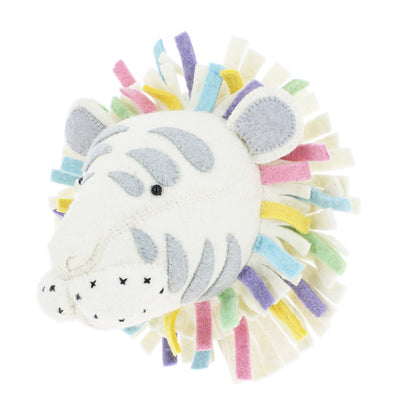 Side view of the Fiona Walker medium pastel safari tiger head wall décor, showing its white felt face, grey stripes and colourful pastel mane in pink, yellow, blue, purple and green.