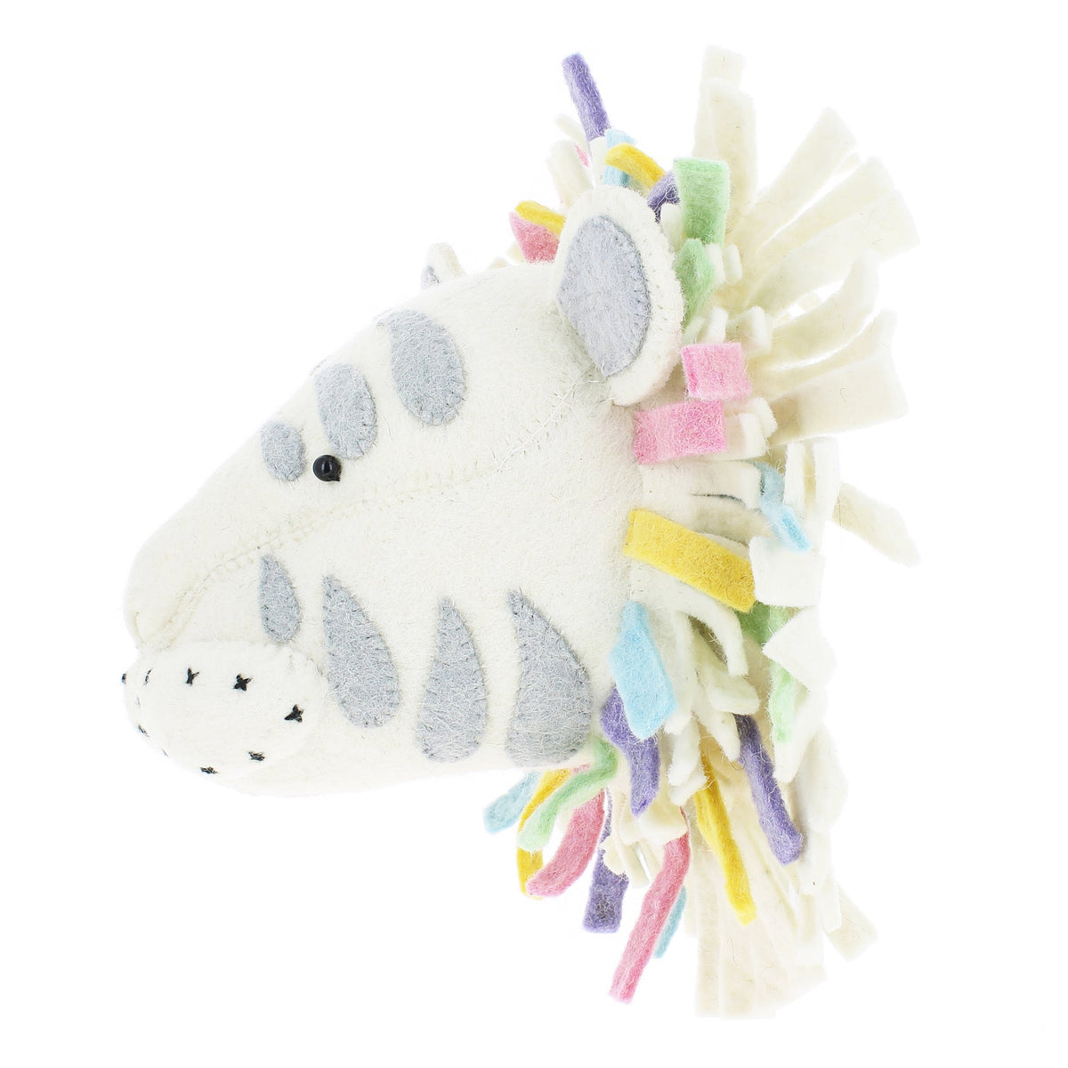 Side profile of the Fiona Walker medium pastel safari tiger head wall décor, featuring a white felt face, grey stripes and a layered mane of cream wool with colourful pastel accents.