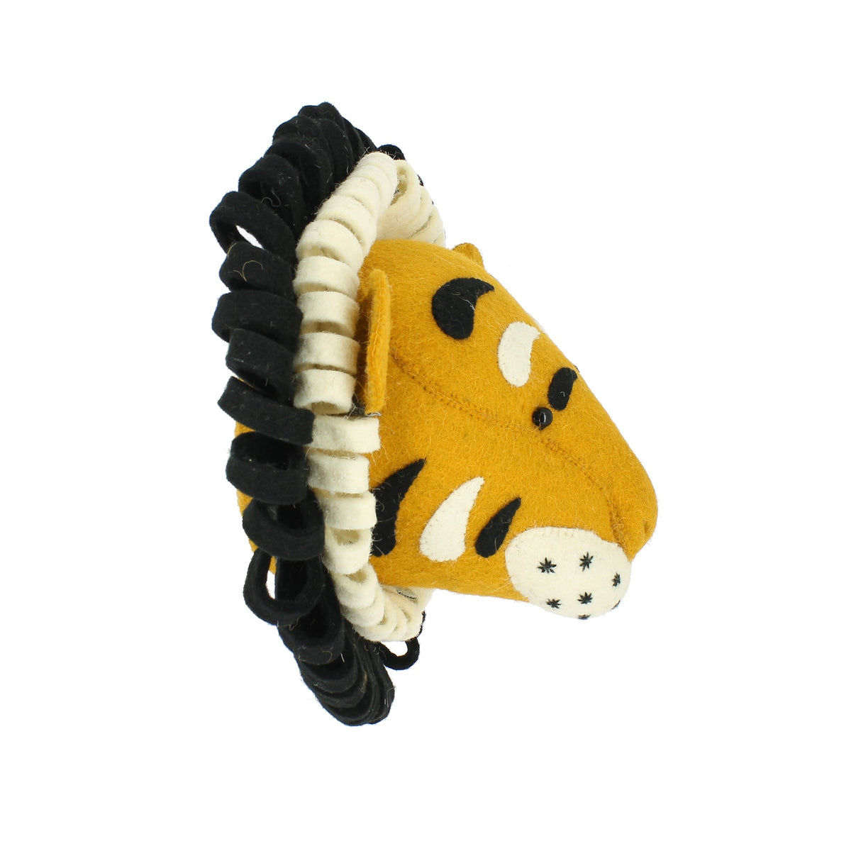 Side profile of Fiona Walker Roary the Tiger felt wall head, featuring a golden-yellow face, cream double ruff, black mane and embroidered tiger markings.