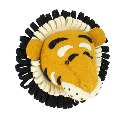 Angled view of Fiona Walker Roary the Tiger felt wall head, featuring a golden-yellow face, cream double ruff, black mane and embroidered tiger markings.