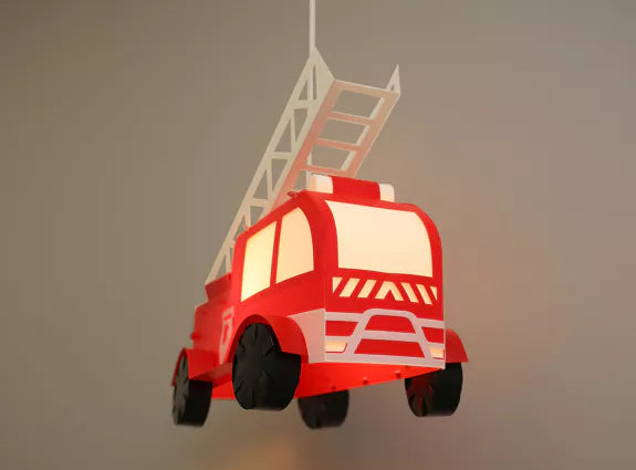 Red and white fire engine pendant light viewed from the rear with a raised ladder and black wheels