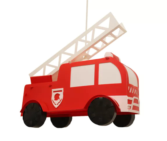 Red and white fire engine pendant light with ladder, windows and black wheels on a white background