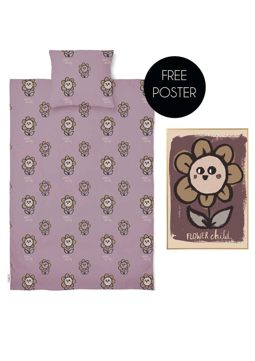 Pink Flower Print duvet cover with repeating yellow flower characters, matching pillowcase and a free “Flower Child” poster.