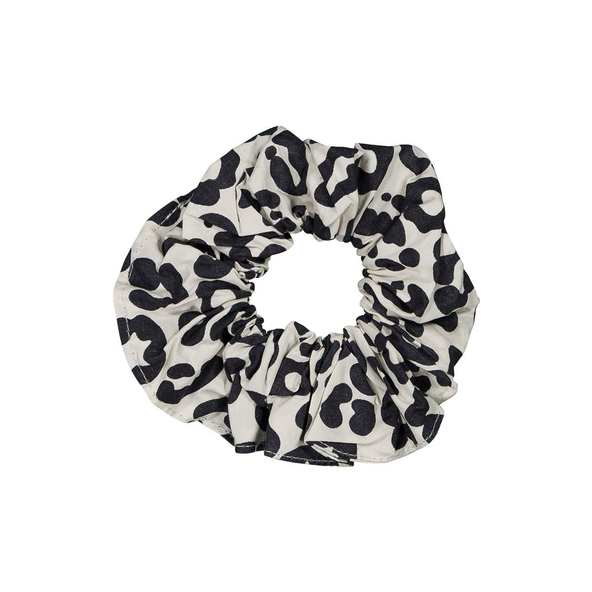 Graou Greige scrunchie featuring a bold black leopard print on a light greige cotton fabric, displayed against a white background.