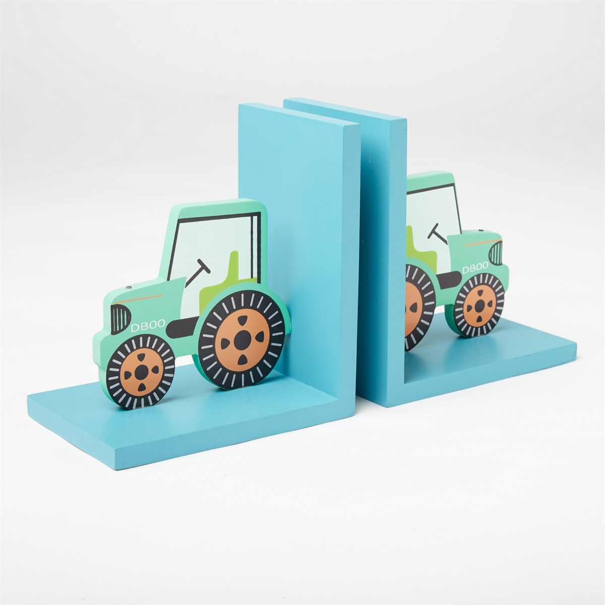 Green tractor-shaped bookends with blue bases displayed against a white background, viewed from an angled front view