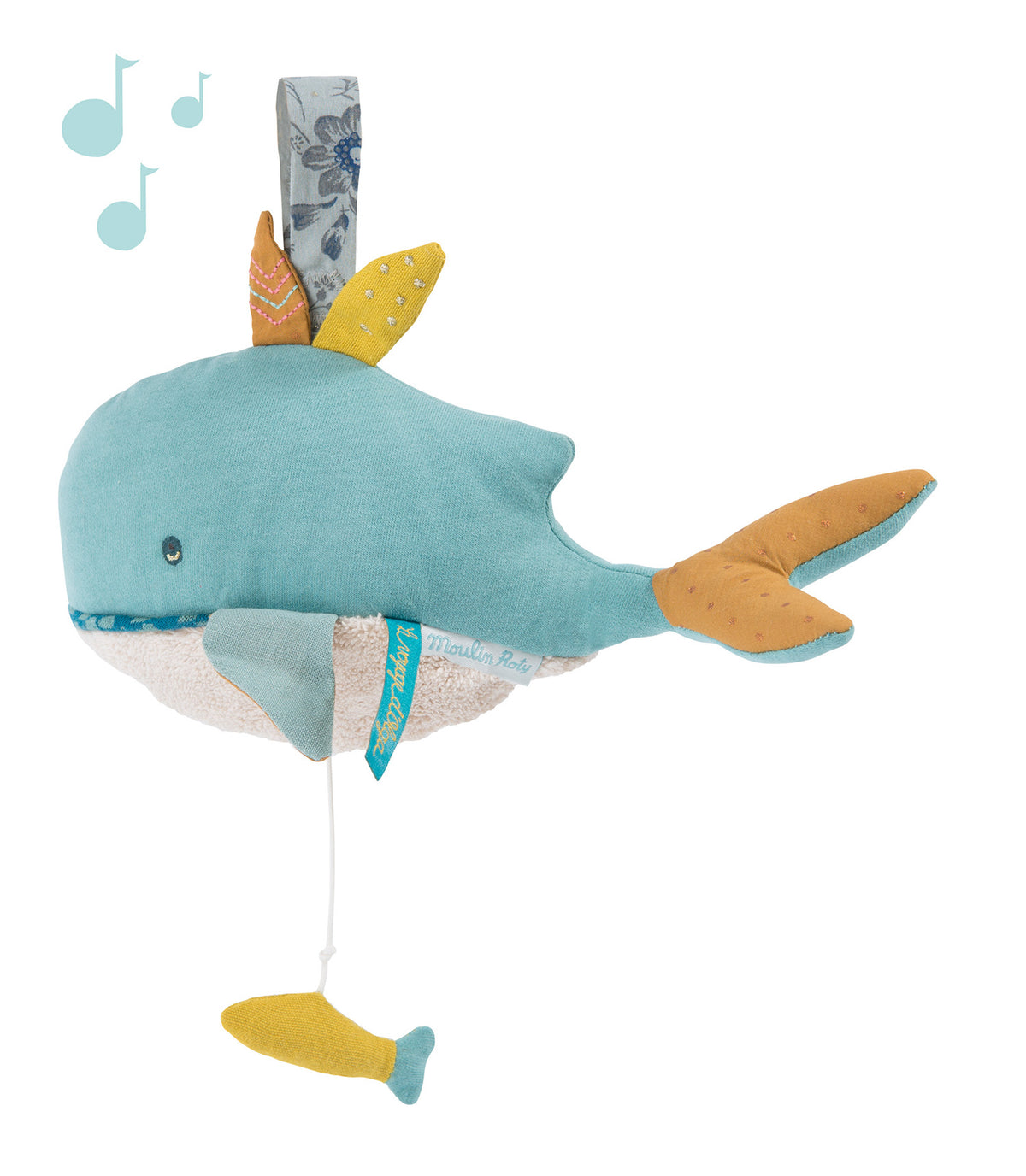 Joséphine the blue musical whale soft toy with yellow fins, a fish pull tab and musical notes on a white background