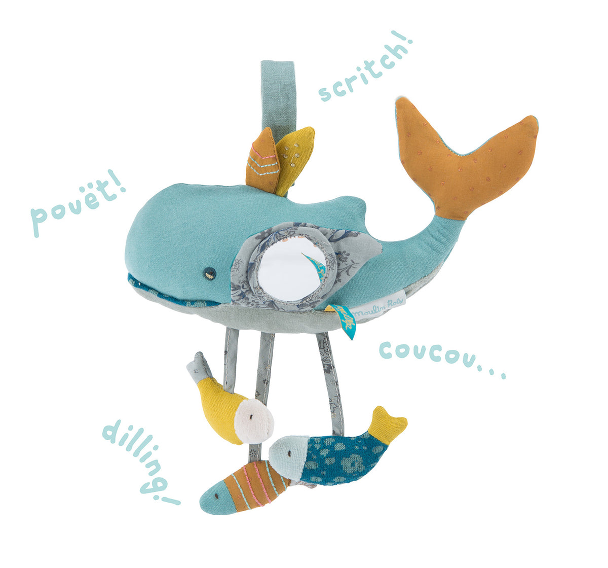 Josephine the sensory blue whale toy with hanging fish, mirror and textured accessories, featuring playful sensory sounds and details on a white background