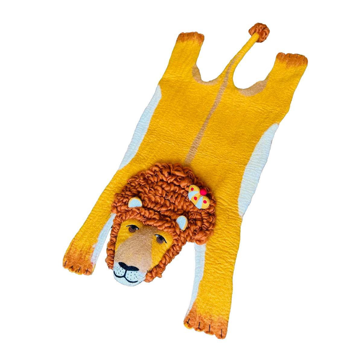 Handmade yellow felt lion rug with a brown mane, smiling face and tail on a white background