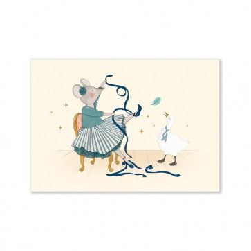 Illustrated poster of a little mouse in a teal ballet dress dancing with a white swan, surrounded by flowing blue ribbons.