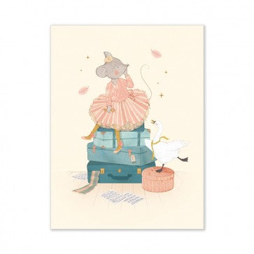Illustrated poster of a little mouse wearing a pink ballet dress and sitting on blue suitcases beside a white swan and a small pink basket.