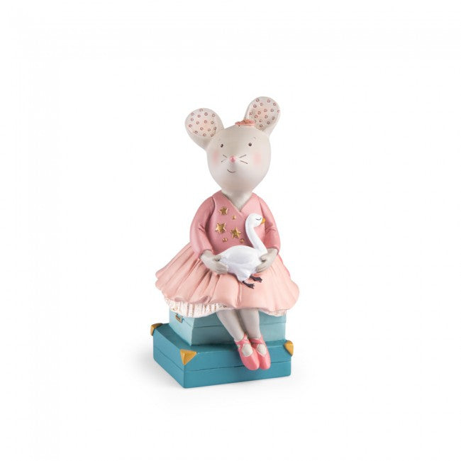 Moulin Roty The Little Dance School money box featuring a mouse in a pink ballerina dress holding a white swan, seated on a teal-blue decorative base.