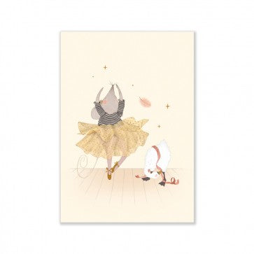 Illustrated poster of a little mouse wearing a yellow ballet tutu beside a white swan, set against a cream background with delicate decorative details.