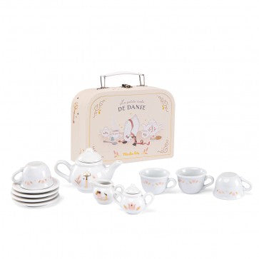 Complete children's porcelain tea set featuring a cream illustrated carry case, pink and gold floral details, a teapot, cups, saucers, a milk jug and a sugar bowl.