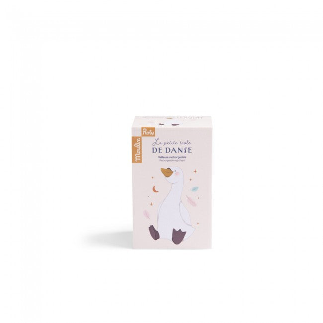 Moulin Roty The Little Dance School swan night light packaging in pale pink and cream, featuring an illustrated white swan with a yellow beak and decorative stars and feathers.