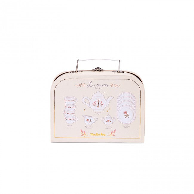 Cream illustrated tea set box featuring delicate pink and gold designs of a teapot, cups and saucers, with a metal carry handle.
