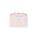 Cream illustrated tea set box featuring delicate pink and gold designs of a teapot, cups and saucers, with a metal carry handle.