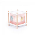 The Little Dance School USB lantern with translucent pink panels featuring dancing ballerinas, a white top and base, and light wooden legs on a white background