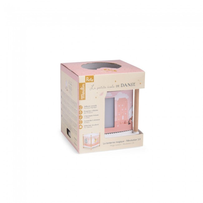 Moulin Roty The Little Dance School USB lantern in its pink and cream retail packaging, featuring ballerina-themed illustrations and a window showing the lantern inside.