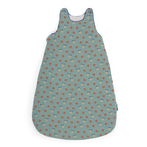 Moulin Roty Pomme des Bois baby sleeping bag in blue-green with a repeating woodland fruit and leaf print, rounded shape and sleeveless design.
