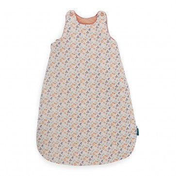 Moulin Roty Woody Apple winter baby sleeping bag featuring a small woodland foraging print, a clay-coloured lining and sleeveless design.