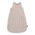 Moulin Roty Woody Apple winter baby sleeping bag featuring a small woodland foraging print, a clay-coloured lining and sleeveless design.