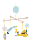 The Voyage of Olga musical mobile with soft geese, stars, moon and hanging sensory decorations on a white background