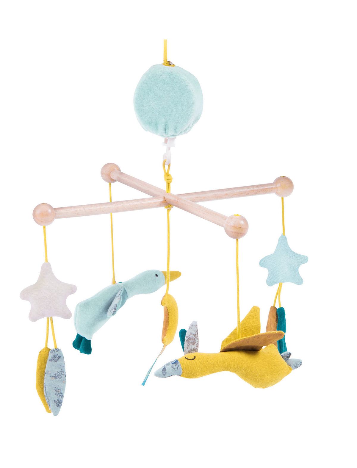 The Voyage of Olga musical mobile with soft geese, stars, moon and hanging sensory decorations on a white background