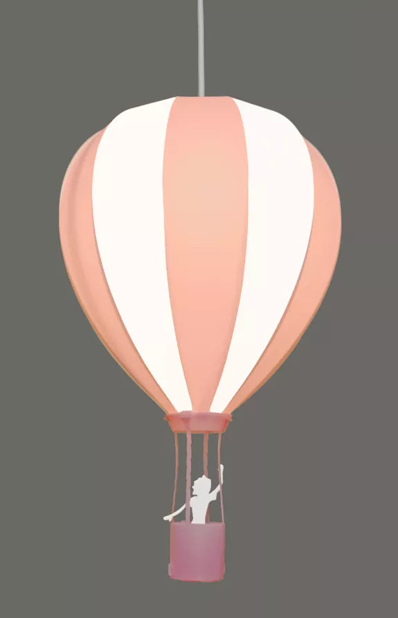 Close-up of a pink and white striped hot air balloon pendant light with a small pink basket against a grey background