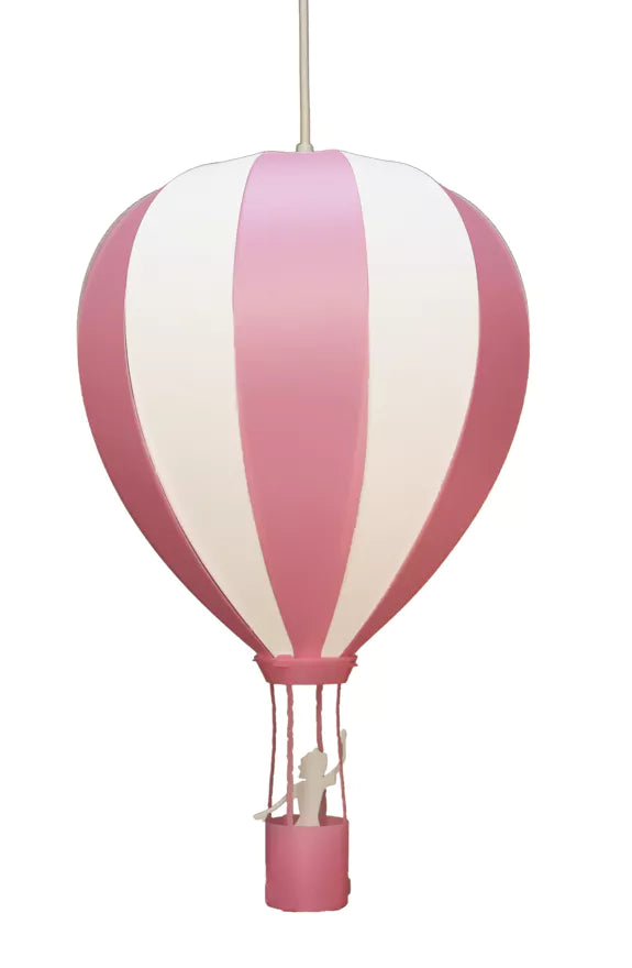 Pink and white striped hot air balloon pendant light with a small pink basket, shown against a white background