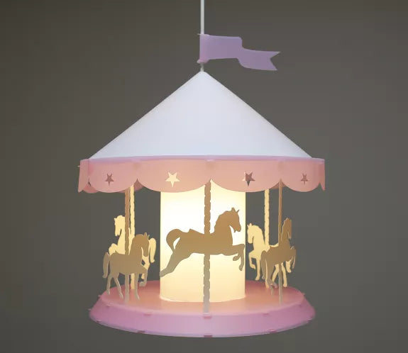 Pink merry-go-round pendant light with carousel horses and star details glowing against a dark background