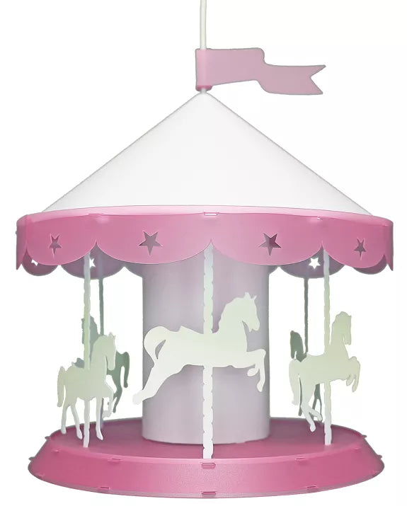 Pink merry-go-round pendant light with white carousel horses and star-shaped details on a white background
