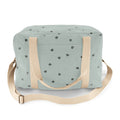 Blue-grey weekend bag featuring a scattered dark heart print, beige carry handles and an adjustable shoulder strap.