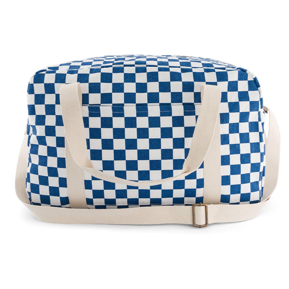 Raphael nappy bag in navy blue and ecru checkerboard cotton canvas, shown from the front with cream handles, an adjustable shoulder strap and an exterior pocket.