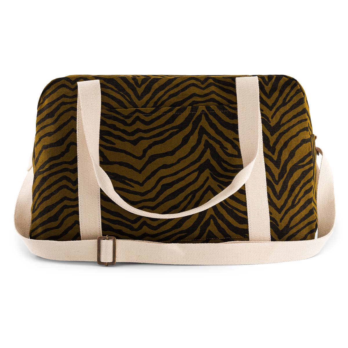 Raphael weekend bag in Tapenade Zebra print, featuring a brown and black zebra pattern, cream webbing handles, an adjustable shoulder strap and a spacious rectangular shape against a white background.