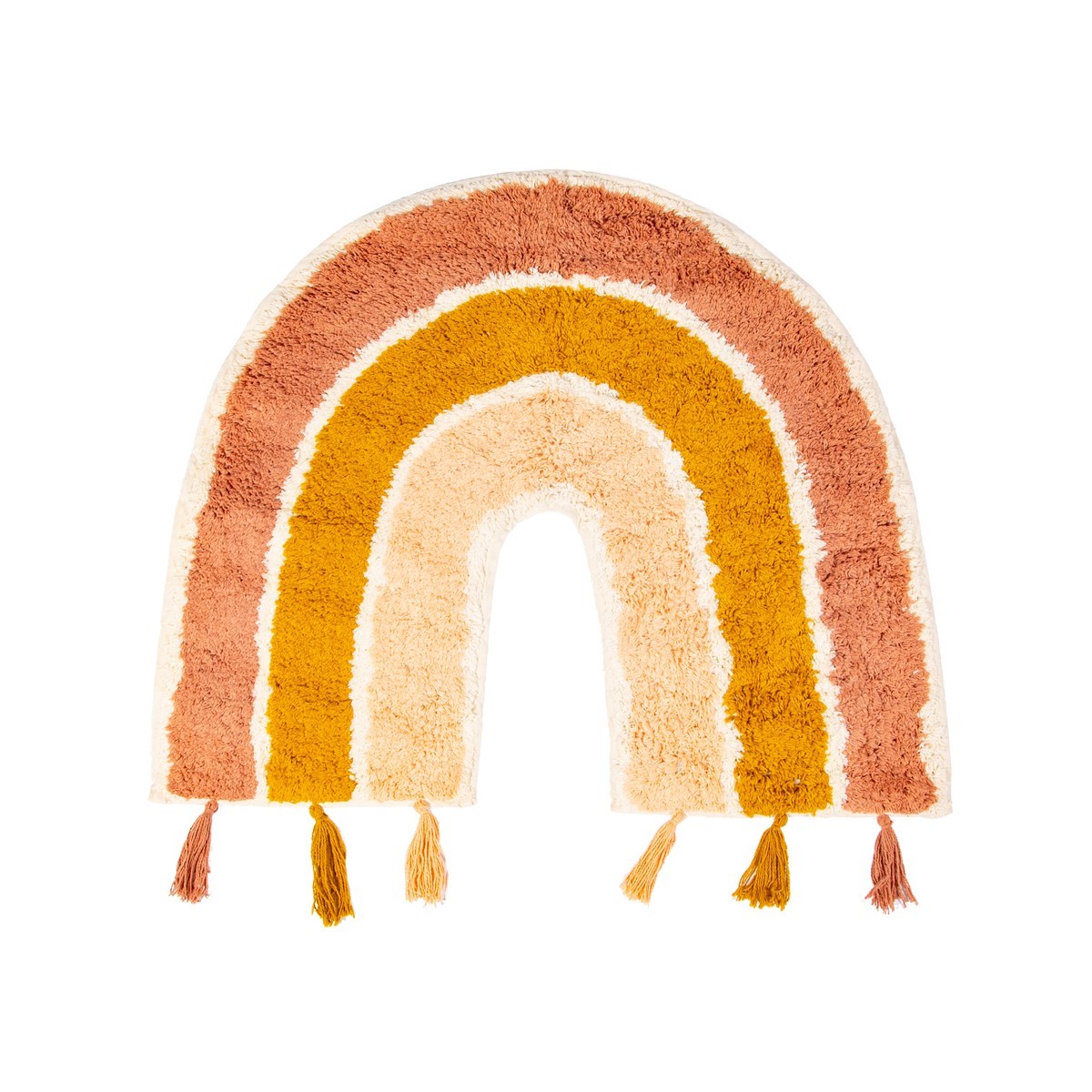 Sass & Belle Earth Rainbow rug featuring a fluffy rainbow design in muted pink, terracotta, mustard yellow and cream, finished with matching tassels along the bottom.