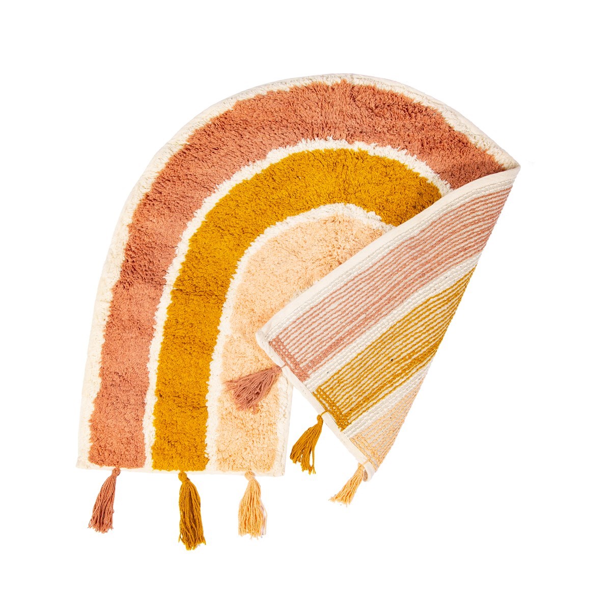 Earth Rainbow rug by Sass & Belle shown folded back to reveal the striped woven backing in cream, terracotta pink and mustard yellow, with matching tassels.