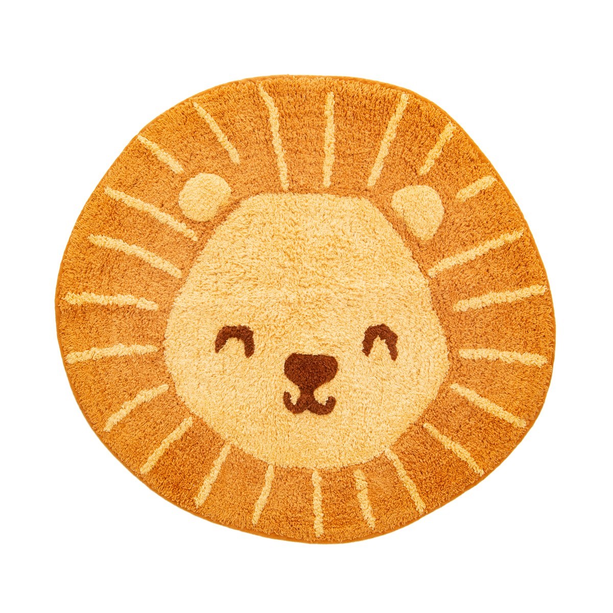 Sass & Belle lion-shaped rug in orange and sandy yellow, featuring a smiling lion face with a darker brown nose and cream sunburst details around the mane.