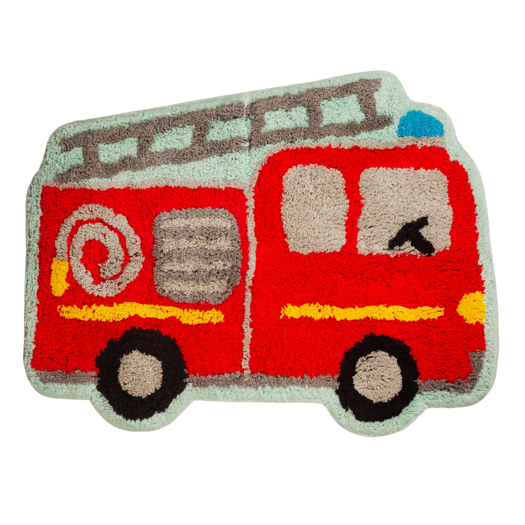 Sass & Belle fire engine rug in vibrant red, featuring a playful fire truck design with black wheels, grey ladder, yellow details and a pale green outline.
