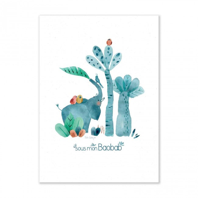 Moulin Roty Sous mon Baobab 50 × 70 cm poster featuring Bergamote the blue elephant with colourful bird friends among stylised blue-green trees and plants on a white background.