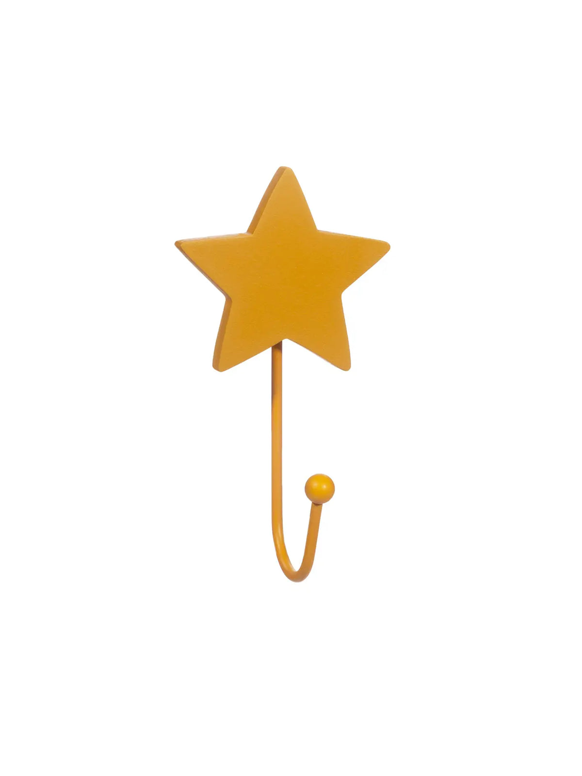 Ochre MDF star-shaped wall hook with a curved metal hook and round end on a white background