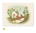 Three Little Rabbits poster featuring a rabbit, hedgehog and tortoise sitting on a tree branch surrounded by flowers and butterflies