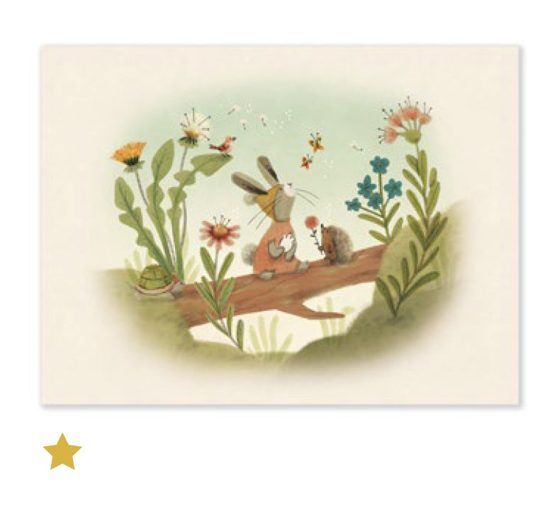 Three Little Rabbits poster featuring a rabbit, hedgehog and tortoise sitting on a tree branch surrounded by flowers and butterflies