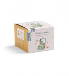 Original packaging for The Three Little Rabbits musical jewellery box, featuring pastel illustrations and the matching mint green box design.