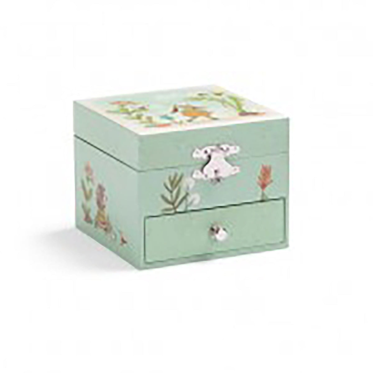 Closed mint green musical jewellery box decorated with delicate botanical illustrations, a rabbit motif and a small front drawer.